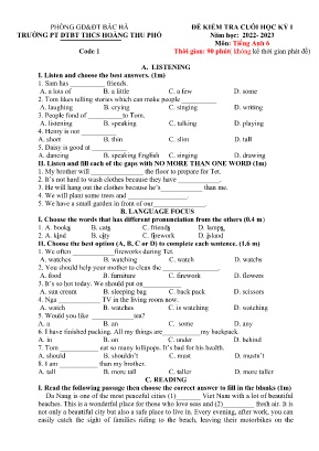 2 Đề kiểm tra cuối học kì I Tiếng Anh 6 - Năm học 2023-2024 - Trường PTDTBT THCS Hoàng Thu Phố (Có đáp án +Ma trận)