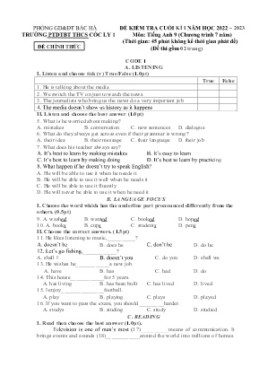 2 Đề kiểm tra cuối học kì I Tiếng Anh 9 - Năm học 2023-2024 - Trường PTDTBT THCS Cốc Ly 1 (Có đáp án + Ma trận)