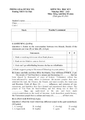 2 Đề kiểm tra học kì I Tiếng Anh 8 - Năm học