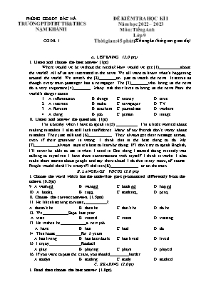 2 Đề kiểm tra học kì I Tiếng Anh 9 - Năm học 2022-2023 - Trường PTDTBT TH&THCS Nậm Khánh (Có đáp án + Ma trận)