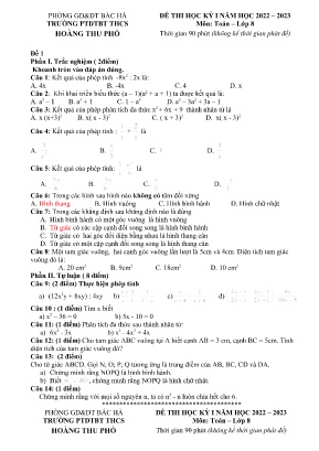 2 Đề thi học kì I môn Toán 8 - Năm học 2022-2023 - Trường PTDTBT THCS Hoàng Thu Phố (Có đáp án) 2 Đề thi học kì I môn Toán 8 - Năm học 2022-2023 - Trường PTDTBT THCS Hoàng Thu Phố (Có đáp án)