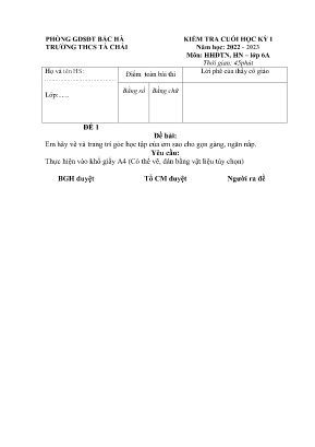 4 Đề kiểm tra cuối học kì I Hoạt động trải nghiệm hướng nghiệp 6 - Năm học 2022-2023 - Trường THCS Tà Chải (Có đáp án)