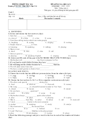 Đề kiểm học kì I Tiếng Anh 6 - Đề 2 - Năm học