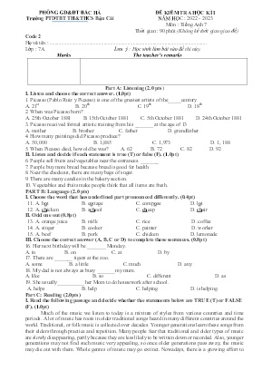 Đề kiểm học kì I Tiếng Anh 7 - Đề 2 - Năm học 2022-2023 - Trường PTDTBT TH&THCS Bản Cái (Có đáp án + Ma trận)