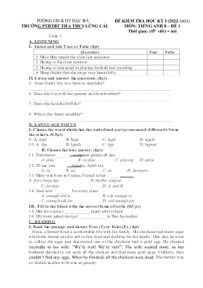 Đề kiểm học kì I Tiếng Anh 8 - Đề 1 - Năm học