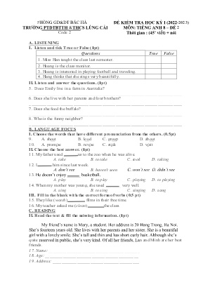 Đề kiểm học kì I Tiếng Anh 8 - Đề 2 - Năm học