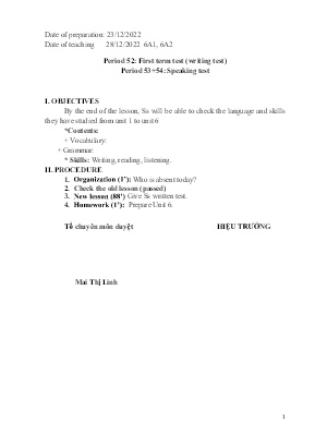 Đề kiểm tra cuối học kì I Tiếng Anh 6 - Năm h