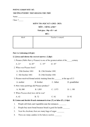 Đề kiểm tra cuối học kì I Tiếng Anh 7 - Đề 1 - Năm học 2023-2024 - Trường PTDTBT THCS Hoàng Thu Phố