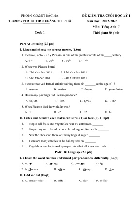 Đề kiểm tra cuối học kì I Tiếng Anh 7 - Đề 1 - Năm học 2023-2024 - Trường PTDTBT THCS Hoàng Thu Phố (Có đáp án)