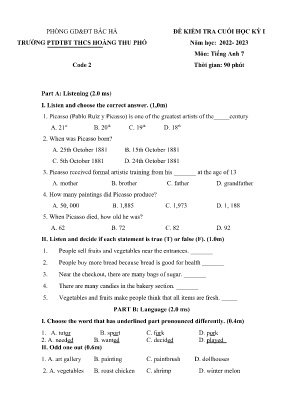 Đề kiểm tra cuối học kì I Tiếng Anh 7 - Đề 2 - Năm học 2023-2024 - Trường PTDTBT THCS Hoàng Thu Phố (Có đáp án)