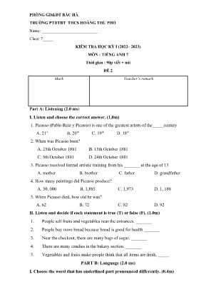 Đề kiểm tra cuối học kì I Tiếng Anh 7 - Đề 2 - Năm học 2023-2024 - Trường PTDTBT THCS Hoàng Thu Phố