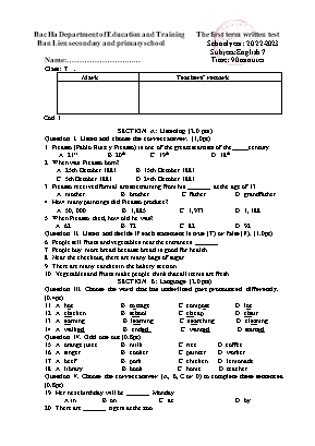Đề kiểm tra cuối học kì I Tiếng Anh 7 - Năm học 2022-2023 - Ban Lien secondary and primary school (Có đáp án + Ma trận)