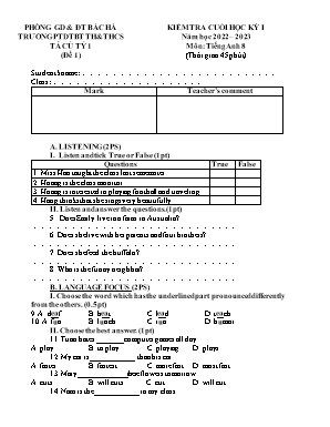 Đề kiểm tra cuối học kì I Tiếng Anh 8 - Đề 1 