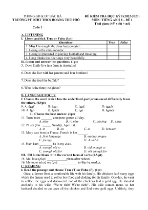 Đề kiểm tra cuối học kì I Tiếng Anh 8 - Đề 1 