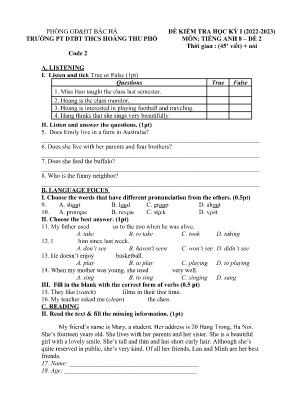 Đề kiểm tra cuối học kì I Tiếng Anh 8 - Đề 2 