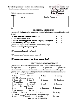Đề kiểm tra cuối học kì I Tiếng Anh 9 - Đề 1 - Năm học 2022-2023 - Ban Lien secondary and primary school (Có đáp án + File nghe)