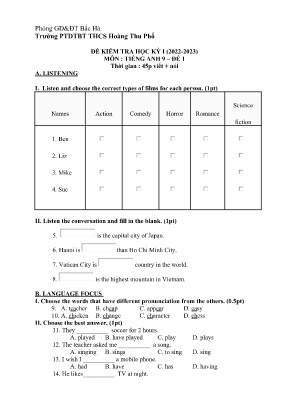 Đề kiểm tra cuối học kì I Tiếng Anh 9 - Đề 1 - Năm học 2023-2024 - Trường PTDTBT THCS Hoàng Thu Phố (Có đáp án + File nghe)