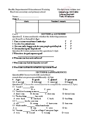 Đề kiểm tra cuối học kì I Tiếng Anh 9 - Đề 2 - Năm học 2022-2023 - Ban Lien secondary and primary school (Có đáp án + File nghe)