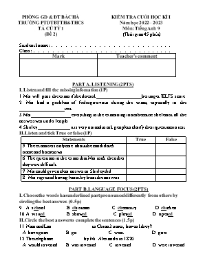 Đề kiểm tra cuối học kì I Tiếng Anh 9 - Đề 2 - Năm học 2023-2024 - Trường PTDTBT TH&THCS Tả Củ Tỷ 1 (Có đáp án + Ma trận)