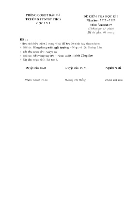 Đề kiểm tra học kì I Âm nhạc 9 - Năm học 2022