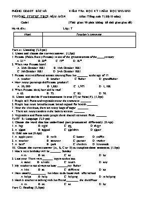 Đề kiểm tra học kì I Tiếng Anh 7 - Đề 1 - Năm học 2022-2023 - Trường PTDTBT THCS Nậm Mòn (Có đáp án + Ma trận)