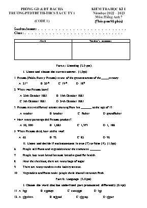 Đề kiểm tra học kì I Tiếng Anh 7 - Đề 1 - Năm học 2023-2024 - Trường PTDTBT TH&THCS Tả Củ Tỷ 1 (Có đáp án + Ma trận)