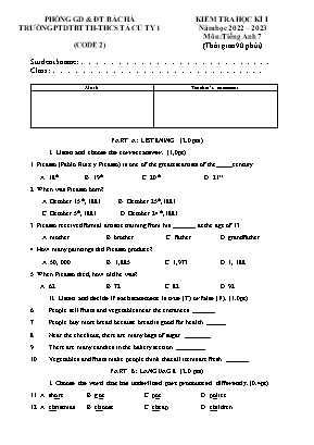 Đề kiểm tra học kì I Tiếng Anh 7 - Đề 2 - Năm học 2023-2024 - Trường PTDTBT TH&THCS Tả Củ Tỷ 1 (Có đáp án + Ma trận)