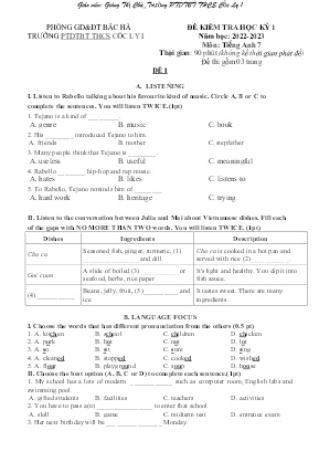 Đề kiểm tra học kì I Tiếng Anh 7 - Năm học 2023-2024 - Trường PTDTBT THCS Cốc Ly 1 (Có đáp án + Ma trận)