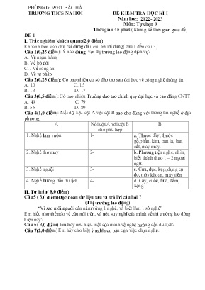 Đề kiểm tra học kì I Tự chọn 9 - Năm học 2022