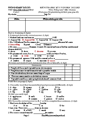 Đề thi học kì I Tiếng Anh 7 - Đề 1 - Năm học 2023-2024 - Trường THCS Bảo Nhai (Có File nghe)