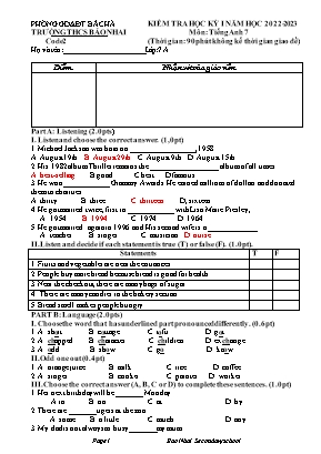 Đề thi học kì I Tiếng Anh 7 - Đề 2 - Năm học 2023-2024 - Trường THCS Bảo Nhai (Có file nghe)