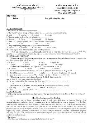 File nghe + 2 Đề kiểm học kì I Tiếng Anh 8 - Năm học 2022-2023 - Trường PTDTBT TH&THCS Bản Cái (Có đáp án + Ma trận)
