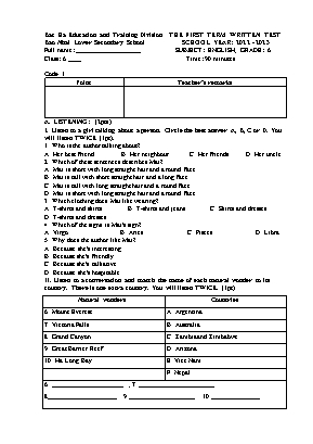 File nghe + 2 Đề thi học kì I Tiếng Anh 6 - Năm học 2023-2024 - Trường THCS Bảo Nhai (Có đáp án + Ma trận)