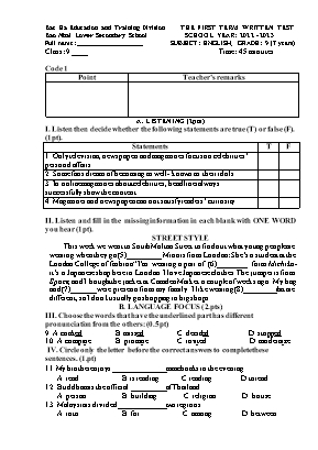 File nghe + 2 Đề thi học kì I Tiếng Anh 9 - Năm học 2023-2024 - Trường THCS Bảo Nhai (Có đáp án + Ma trận)