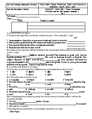 File nghe +Đề kiểm tra học kì I Tiếng Anh 8 - Đề 1 - Năm học 2021-2022 - Ban Pho secondary school (Có đáp án + Ma trận)
