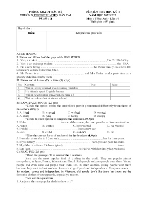 Ma trận + 2 Đề kiểm học kì I Tiếng Anh 9 - Năm học 2022-2023 - Trường PTDTBT TH&THCS Bản Cái (Có file nghe + Đáp án)